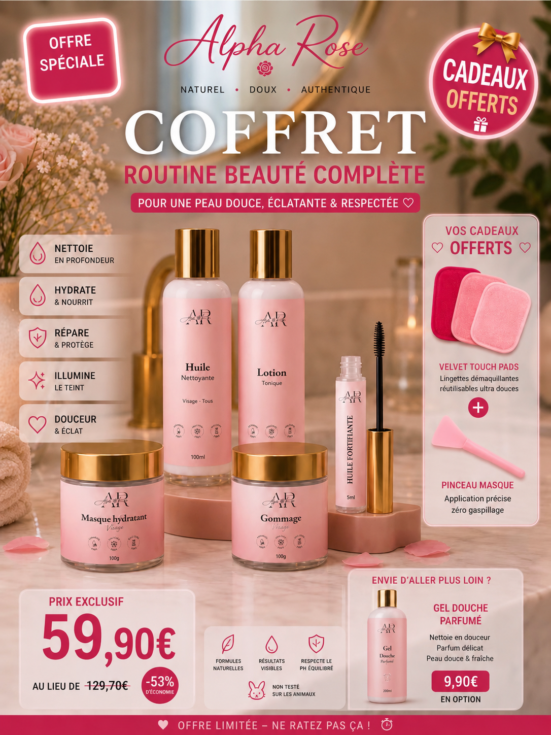 Coffret Skincare 5 produits + Les Velvet Touch Pads OFFERT + Pinceau Masque Alpha Rose