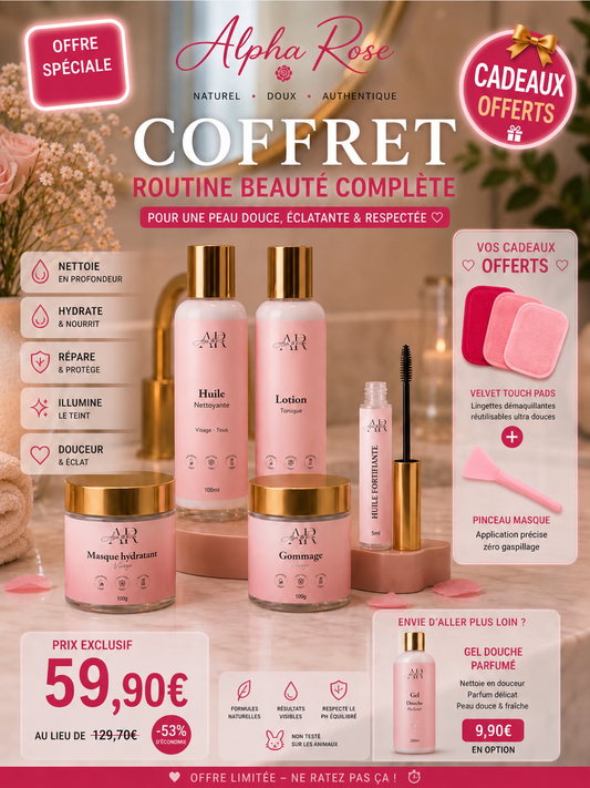 Coffret Skincare 5 produits + Les Velvet Touch Pads OFFERT + Pinceau Masque Alpha Rose