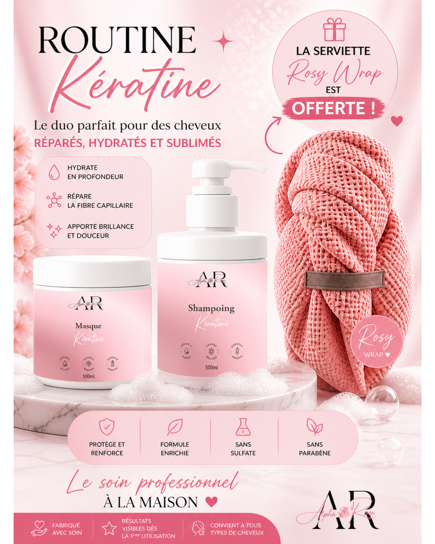 Coffret Keratine Shampoing & Masque + Serviette Rosy Wrap OFFERTE